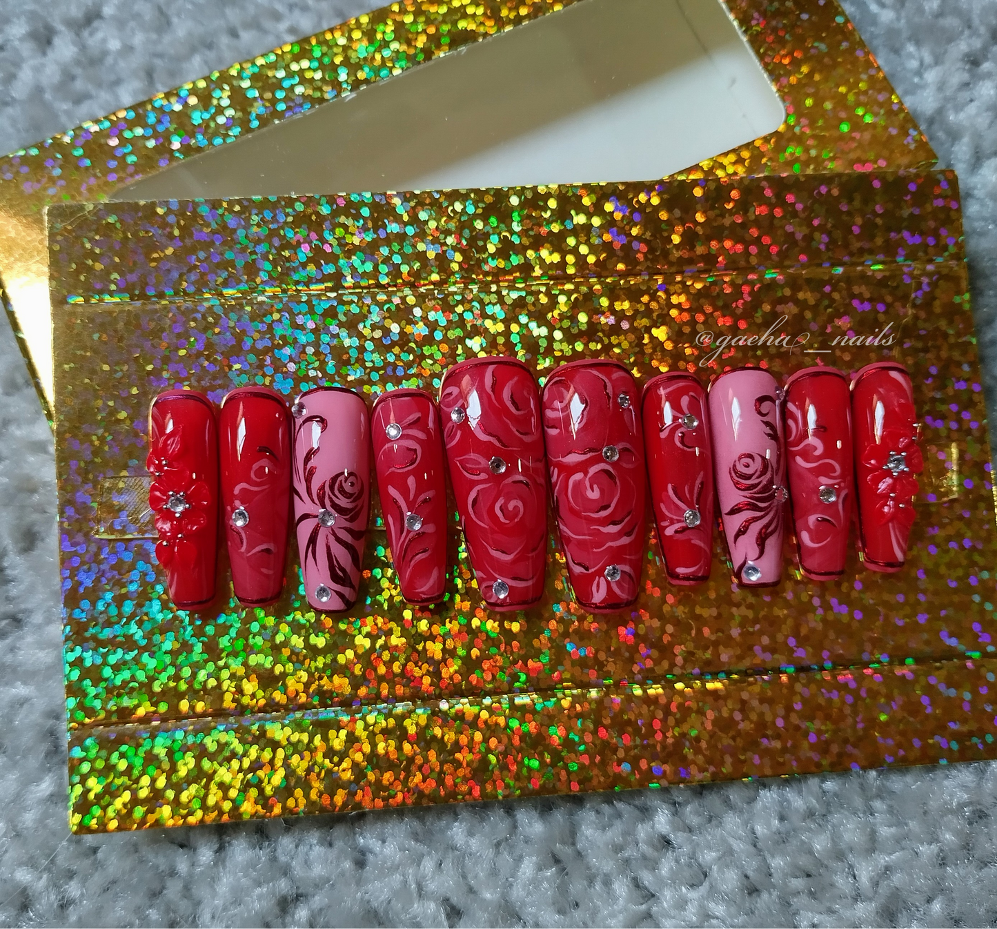 Rosy Roses Red Press On Nails - Long - Ballerina