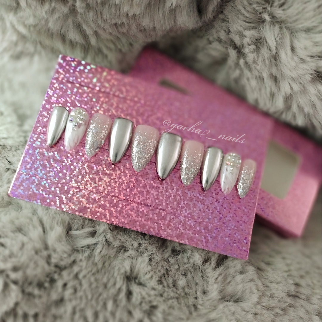 Silver Sparkle Press On Nails - Short - Stiletto