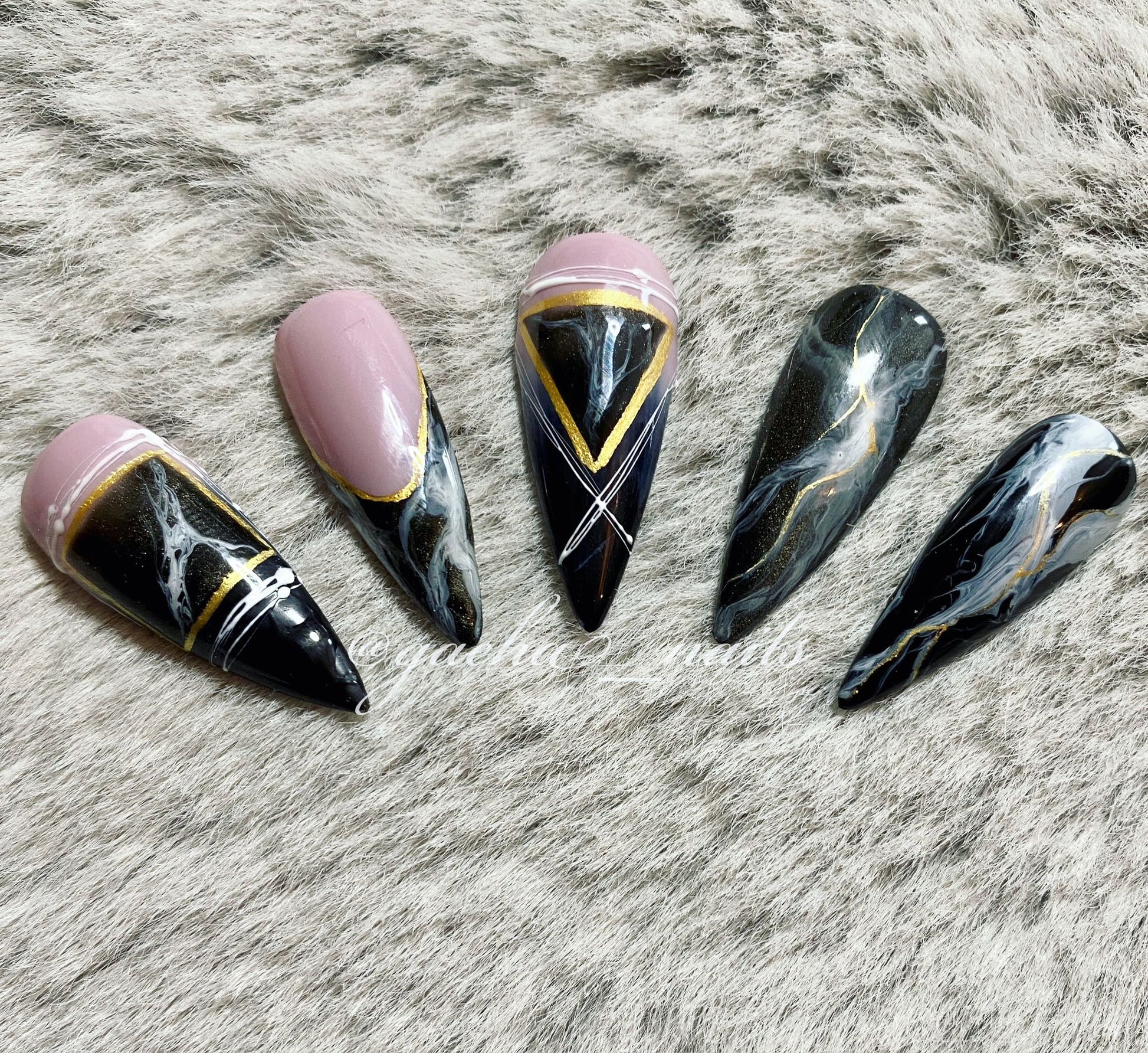 Black Smokey Marble Press On Nails - Long - Stiletto