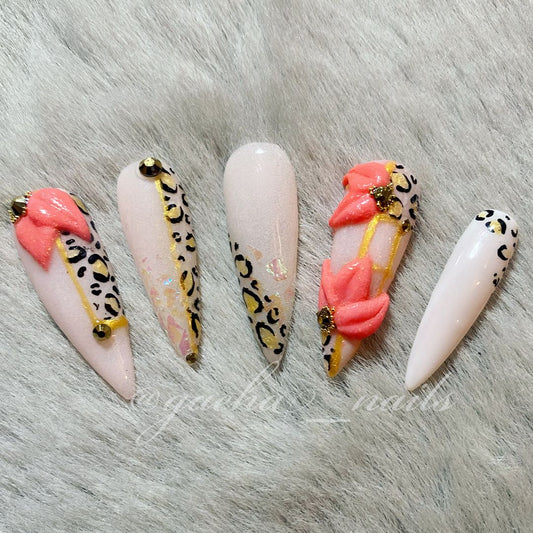 Flowers and Leopard Press on Nails - Long - Stiletto