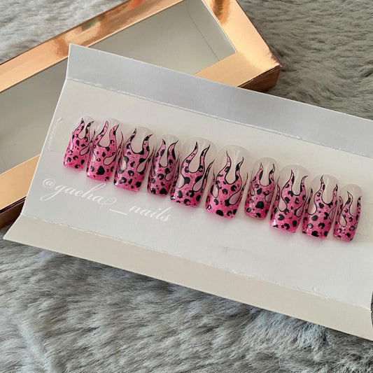 Leopard Flames Press On Nails - Short - Ballerina