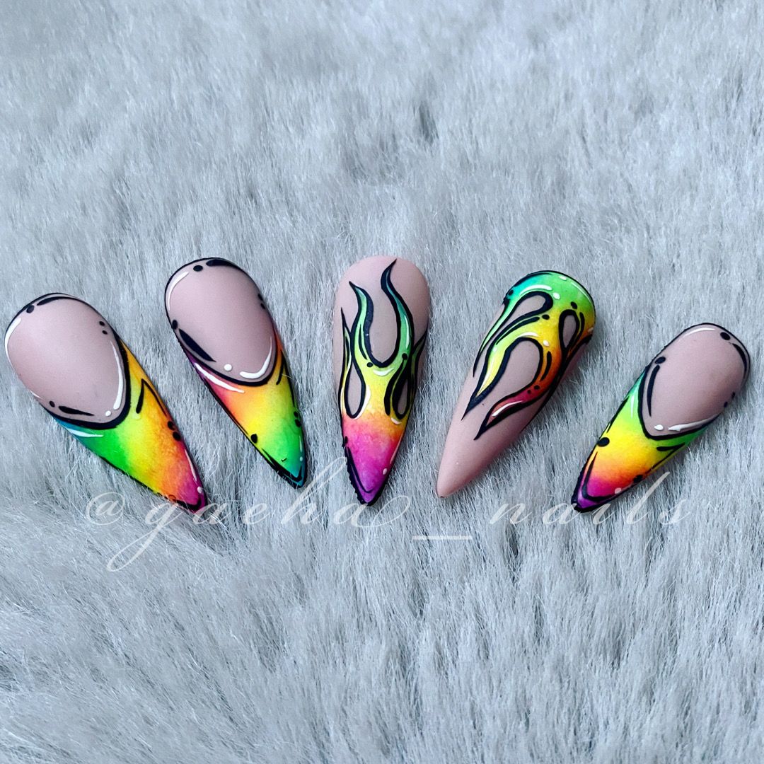 Rainbow Flames Comic Press on Nails - Long - Stiletto