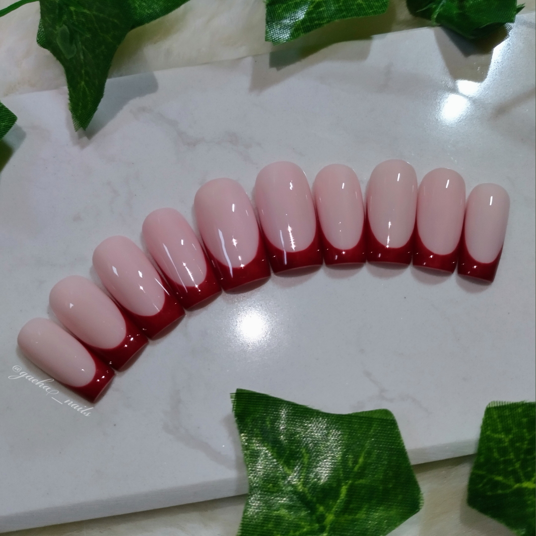 Red Coloured French Press on Nails - Medium - Square