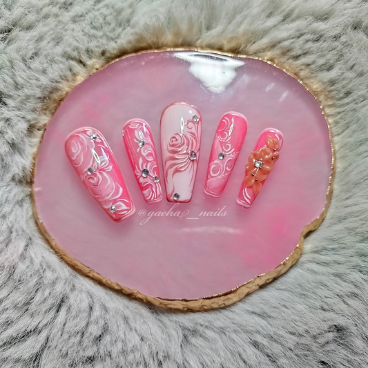 Rosy Roses Press On Nails - Long - Ballerina