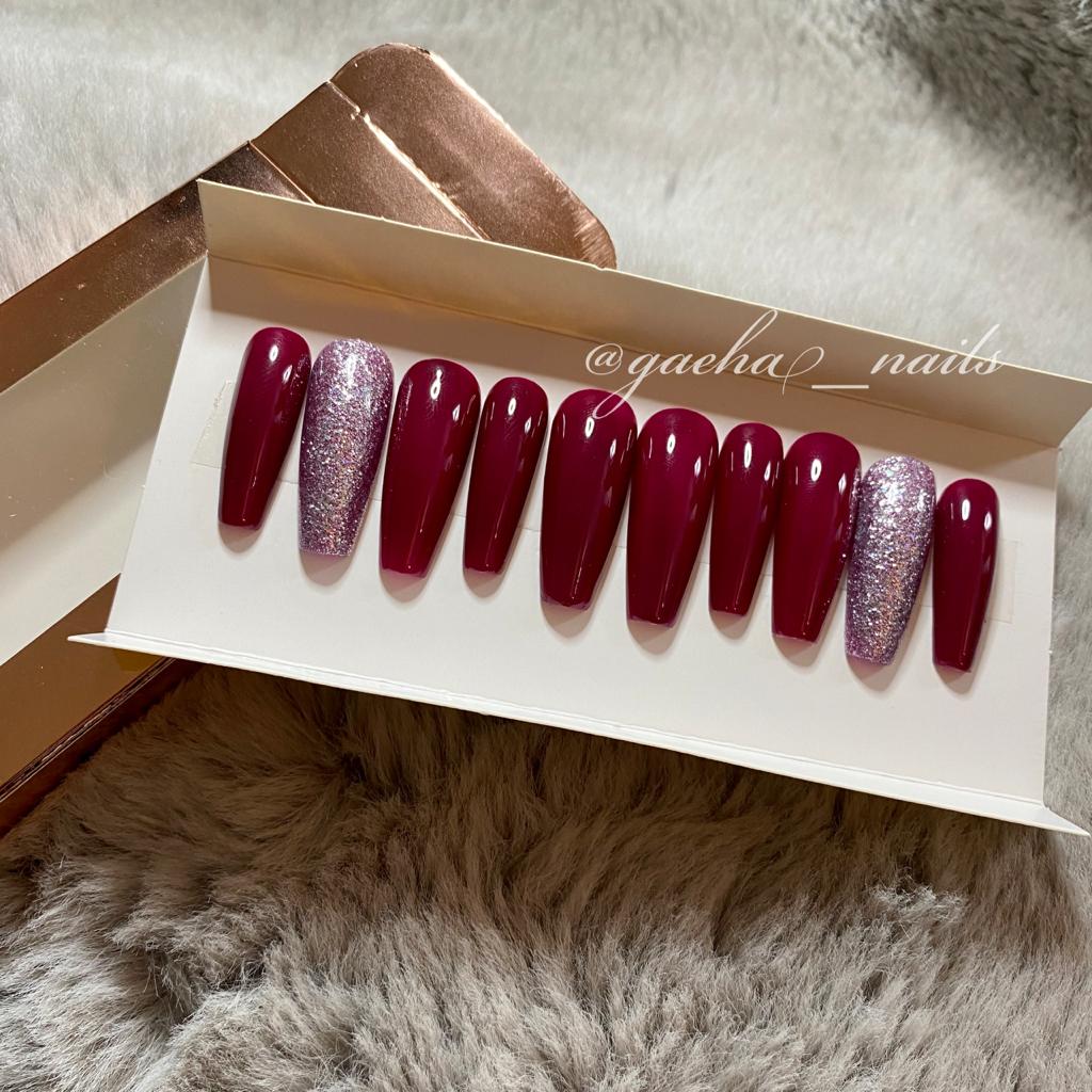Solid Berry and Glitter Press On Nails - Long - Ballerina 