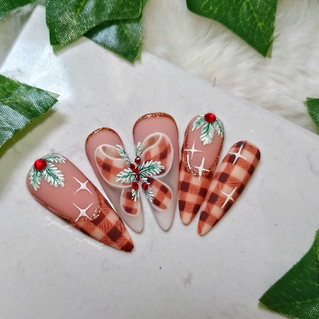 Tartan Ribbon Press On Nails - Long - Stiletto